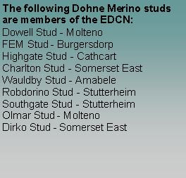 Text Box: The following Dohne Merino studs are members of the EDCN:Dowell Stud - MoltenoFEM Stud - BurgersdorpHighgate Stud - CathcartCharlton Stud - Somerset EastWauldby Stud - AmabeleRobdorino Stud - StutterheimSouthgate Stud - StutterheimOlmar Stud - MoltenoDirko Stud - Somerset East 