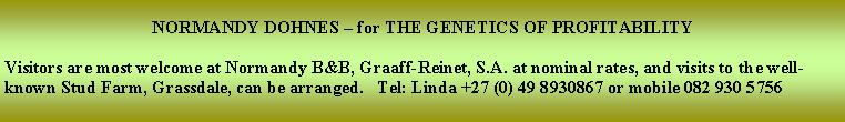 Text Box: NORMANDY DOHNES  for THE GENETICS OF PROFITABILITYVisitors are most welcome at Normandy B&B, Graaff-Reinet, S.A. at nominal rates, and visits to the well-known Stud Farm, Grassdale, can be arranged.   Tel: Linda +27 (0) 49 8930867 or mobile 082 930 5756